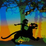 Mowgli riding Bagheera with Kaa looking on from the tree abo